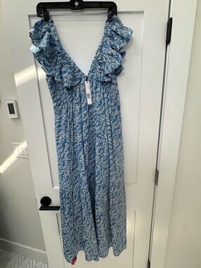 Elie Tahari Blue and White Maxi Dress, blue floral linen